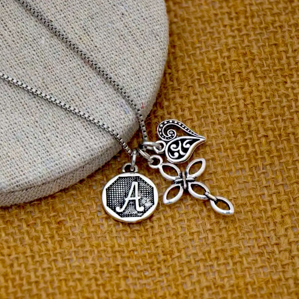 Initial Square Rolo Chain Necklace w/ Heart & Cross Pendant 1.5mm 24" Chain NWT